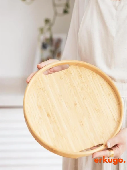 3'lü Bambu Yuvarlak Tepsi, Servis Tepsileri, İskandinav Tepsi Seti, Çay Tepsisi - 3