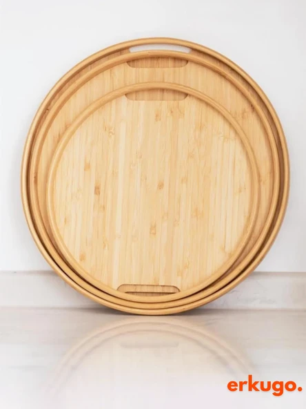 3'lü Bambu Yuvarlak Tepsi, Servis Tepsileri, İskandinav Tepsi Seti, Çay Tepsisi - 2