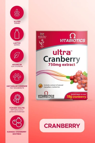 VİTABİOTİCS Ultra Cranberry Büyük Meyveli Vaksiniyum İçeren Takviye Edici Gıda 30 Tablet