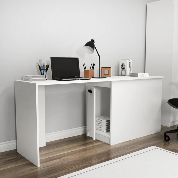 Arnetti Akser Geniş Dolaplı Çalışma Masası - Beyaz Bilgisayar Masası, Modern Tasarım - 2
