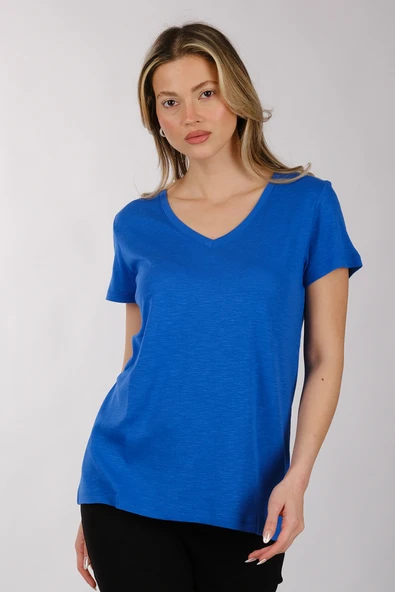 Daido Kadın Oversize V Yaka Kısa Kol Minimalist T-Shirt - Resim 9