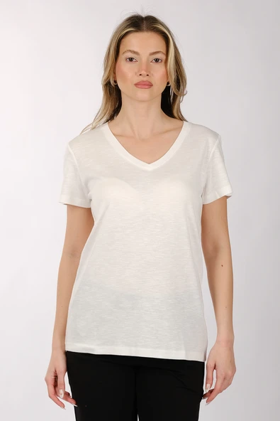 Daido Kadın Oversize V Yaka Kısa Kol Minimalist T-Shirt - Resim 4