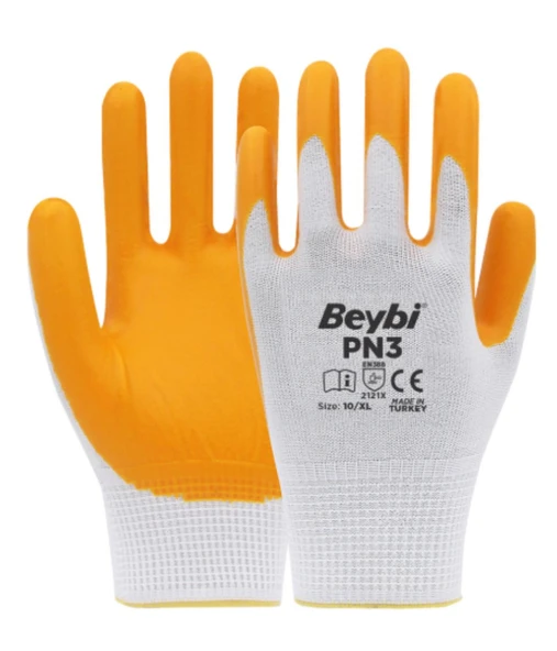 Beybi PN3 Polyester Örme Sarı Nitril Eldiven No:10 - 288 Çift