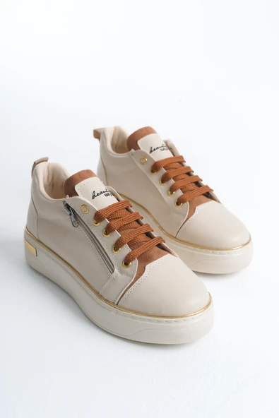 DINA Krem Taba Bağcıklı Fermuarlı Ortopedik Taban Kadın Sneaker Spor Ayakkabı - 4