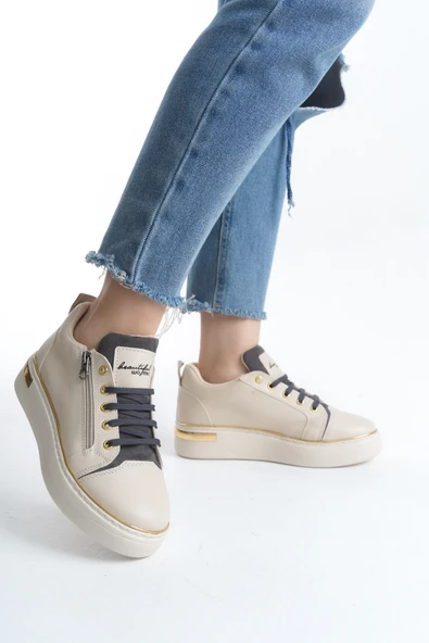 DINA Krem Gri Bağcıklı Fermuarlı Ortopedik Taban Kadın Sneaker Spor Ayakkabı - 2