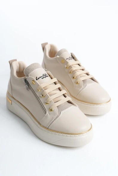 DINA Krem Gold Bağcıklı Fermuarlı Ortopedik Taban Kadın Sneaker Spor Ayakkabı - 4