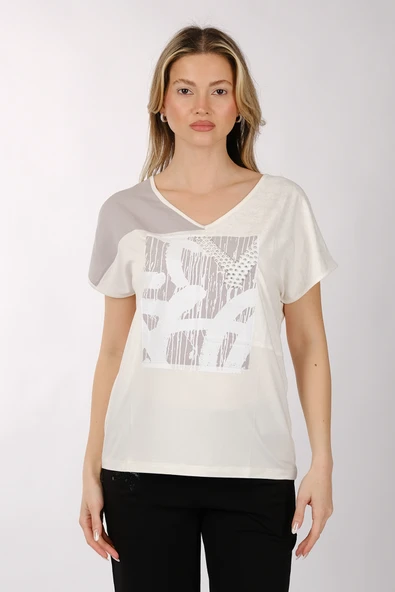 Daıdo Kadın V Yaka Kısa Kol Minimalist T-Shirt - Günlük Kullanım - 2