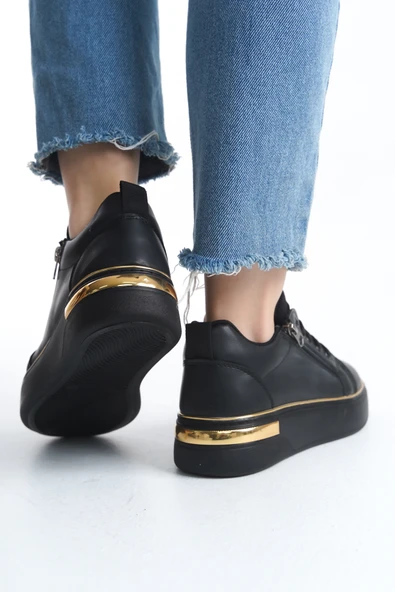 DINA Siyah Gold Bağcıklı Fermuarlı Ortopedik Taban Kadın Sneaker Spor Ayakkabı - 3