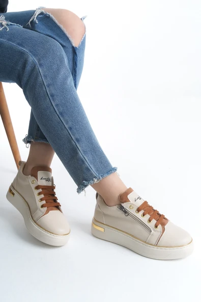DINA Krem Taba Bağcıklı Fermuarlı Ortopedik Taban Kadın Sneaker Spor Ayakkabı - 2