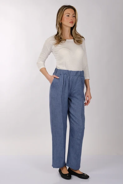 Daido Minimalist Yüksek Bel Keten Kadın Pantolon - Regular Fit - Resim 3