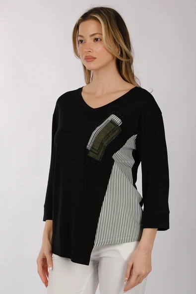 Daido Oversize V Yaka 3/4 Kol Kadın Tişört - Minimalist Tasarım - 4