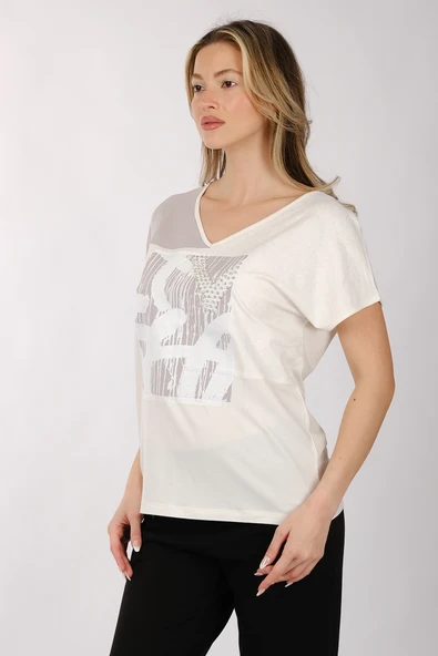 Daıdo Kadın V Yaka Kısa Kol Minimalist T-Shirt - Günlük Kullanım - 4