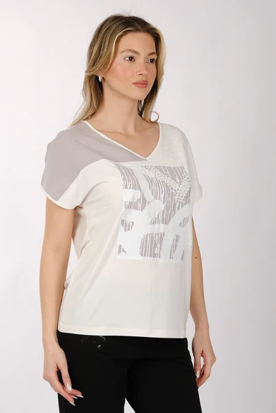 Daıdo Kadın V Yaka Kısa Kol Minimalist T-Shirt - Günlük Kullanım - 3