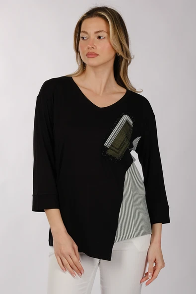 Daido Oversize V Yaka 3/4 Kol Kadın Tişört - Minimalist Tasarım