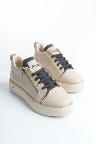 DINA Krem Gri Bağcıklı Fermuarlı Ortopedik Taban Kadın Sneaker Spor Ayakkabı - 4