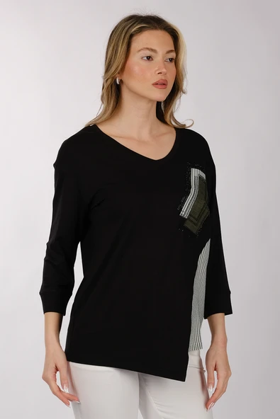 Daido Oversize V Yaka 3/4 Kol Kadın Tişört - Minimalist Tasarım - 3