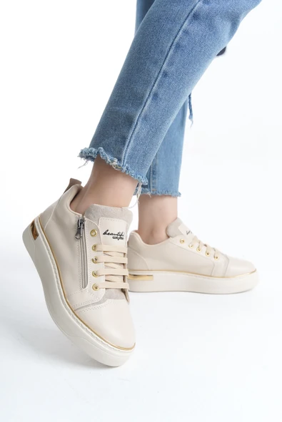 DINA Krem Gold Bağcıklı Fermuarlı Ortopedik Taban Kadın Sneaker Spor Ayakkabı