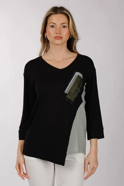 Daido Oversize V Yaka 3/4 Kol Kadın Tişört - Minimalist Tasarım - 2