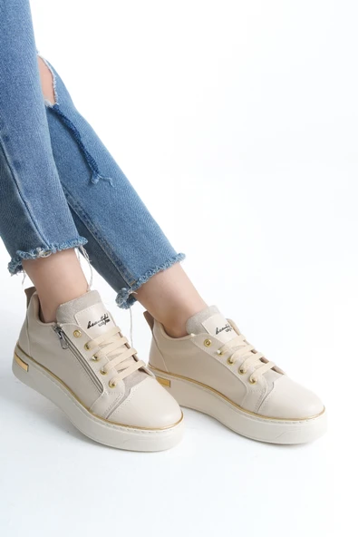 DINA Krem Gold Bağcıklı Fermuarlı Ortopedik Taban Kadın Sneaker Spor Ayakkabı - 2