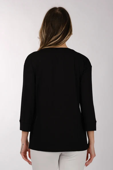 Daido Oversize V Yaka 3/4 Kol Kadın Tişört - Minimalist Tasarım - 5