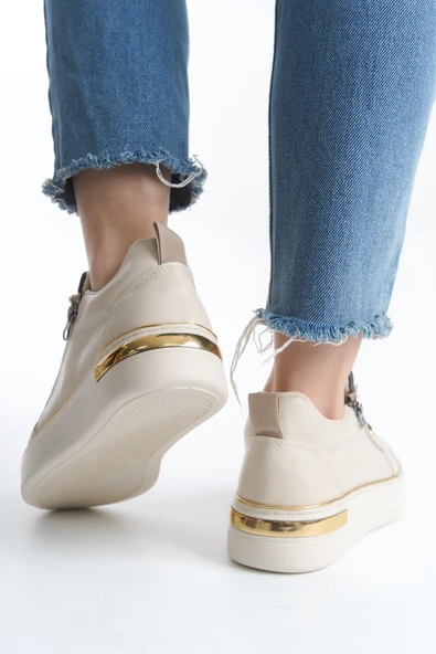 DINA Krem Gri Bağcıklı Fermuarlı Ortopedik Taban Kadın Sneaker Spor Ayakkabı - 3