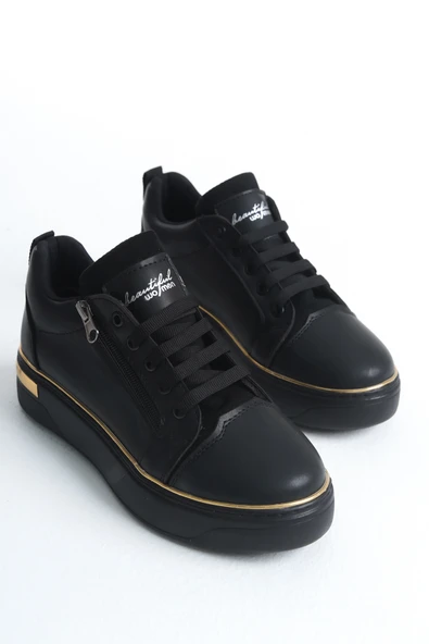 DINA Siyah Gold Bağcıklı Fermuarlı Ortopedik Taban Kadın Sneaker Spor Ayakkabı - 4