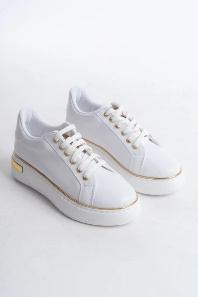 MINA Beyaz Altın Bağcıklı Ortopedik Taban Kadın Sneaker Spor Ayakkabı - 4