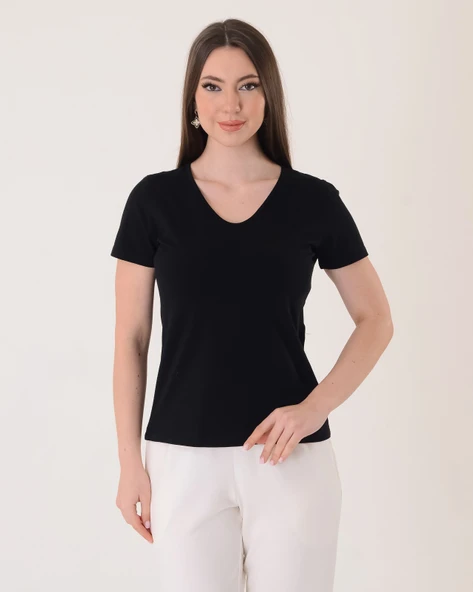 Vedi Minimalist V Yaka Kısa Kol Kadın Tişört - Günlük Kullanım - 2
