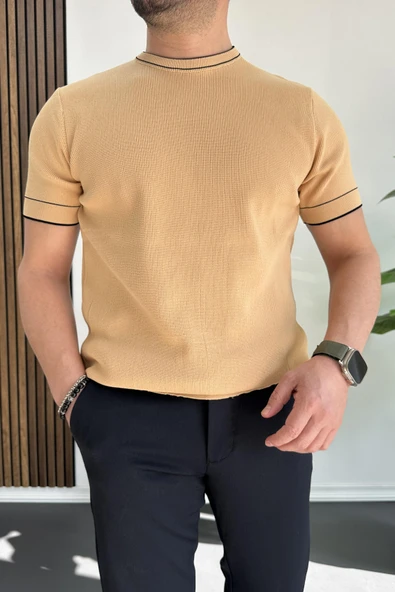 Erkek Bisiklet Yaka Triko Tişört Sarı Edw233 - Resim 2