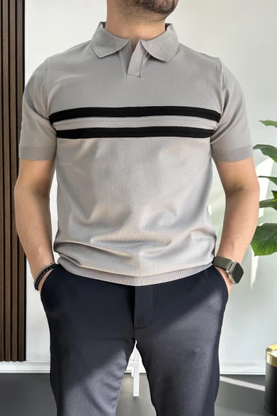 Erkek Açık Yaka Çizgli Tişört Gri Edw236 ürün görseli