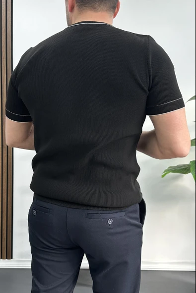 Erkek Bisiklet Yaka Triko Tişört Siyah Edw233 - Resim 4