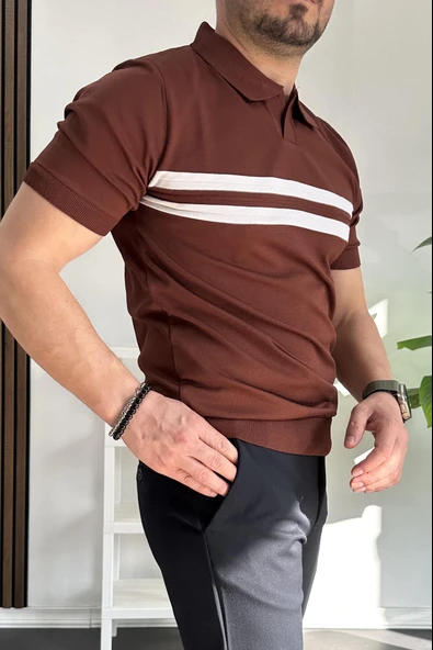 Erkek Açık Yaka Çizgli Tişört Kiremit Edw236 - 3