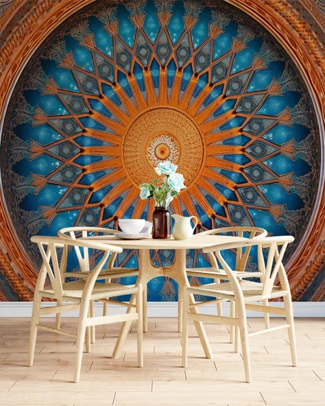 Turuncu Franktal Mandala Etnik Motif Duvar Kağıdı - Resim 5