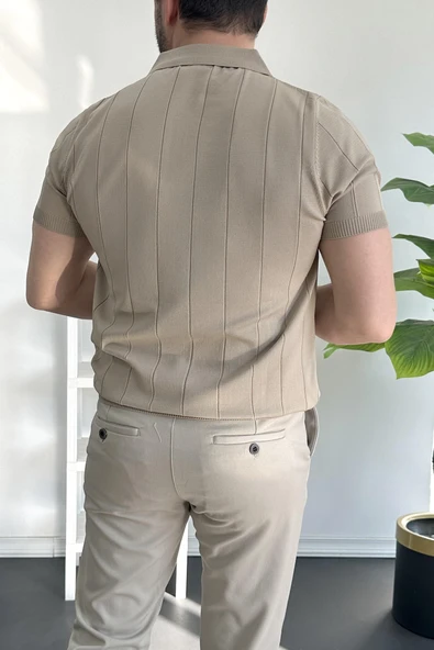 Erkek Yarım Fermuarlı Polo Yaka Tişört Vizon Edw257 - 4