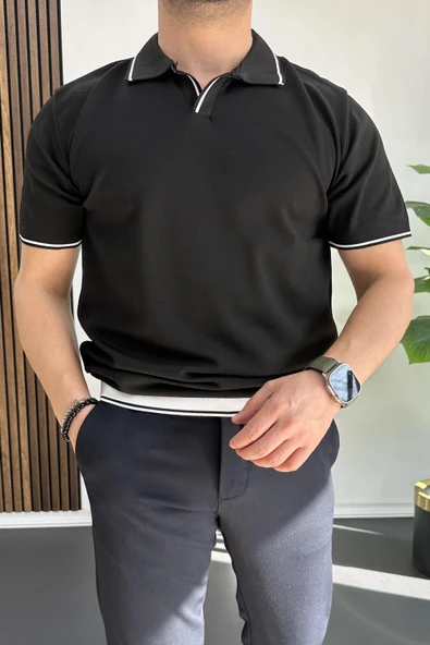 Erkek Açık Yaka Şerit Detaylı Tişört Siyah Edw235 - Resim 2