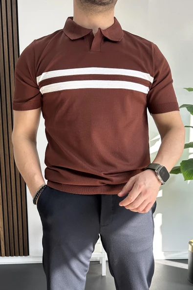 Erkek Açık Yaka Çizgli Tişört Kiremit Edw236 - 2