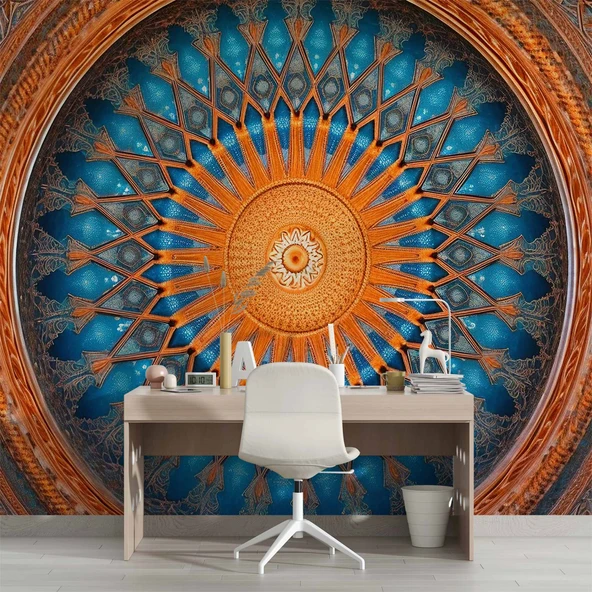 Turuncu Franktal Mandala Etnik Motif Duvar Kağıdı - Resim 4