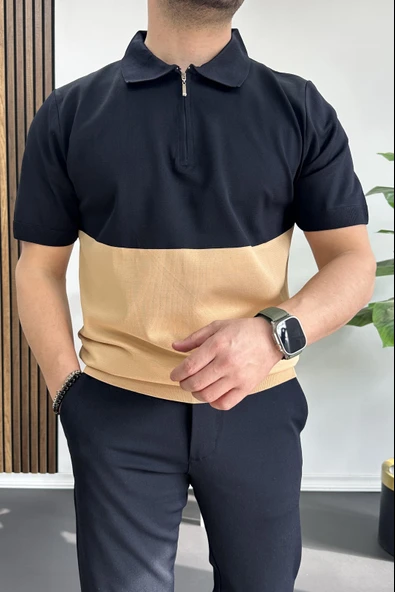 Erkek Renk Bloklu Polo Yaka Yarım Fermuarlı Tişört Lacivert Edw234 - Resim 2