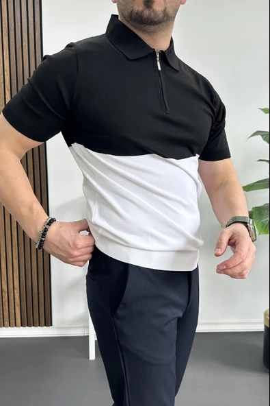 Erkek Renk Bloklu Polo Yaka Yarım Fermuarlı Tişört Beyaz Edw234 - 3