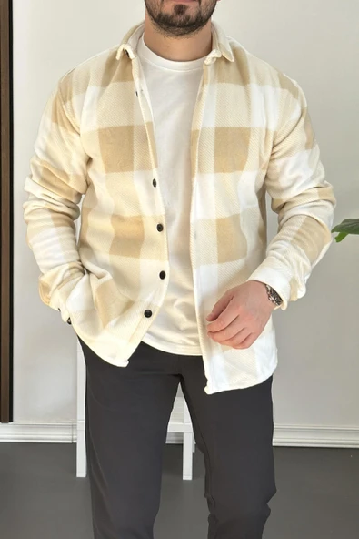 Erkek Slim Fit Polar Gömlek Krem Edw227