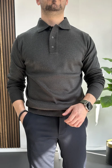 Erkek Düğmeli Polo Yaka Kazak Antrasit Edw231 - 2