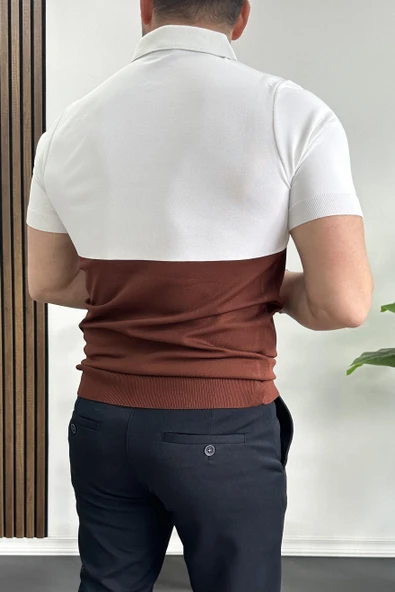 Erkek Renk Bloklu Polo Yaka Yarım Fermuarlı Tişört Kiremit Edw234 - Resim 4