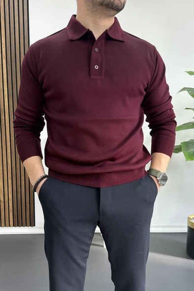 Erkek Düğmeli Polo Yaka Kazak Bordo Edw231 ürün görseli