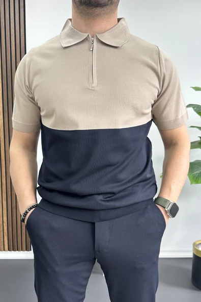 Erkek Renk Bloklu Polo Yaka Yarım Fermuarlı Tişört Vizon Edw234 ürün görseli