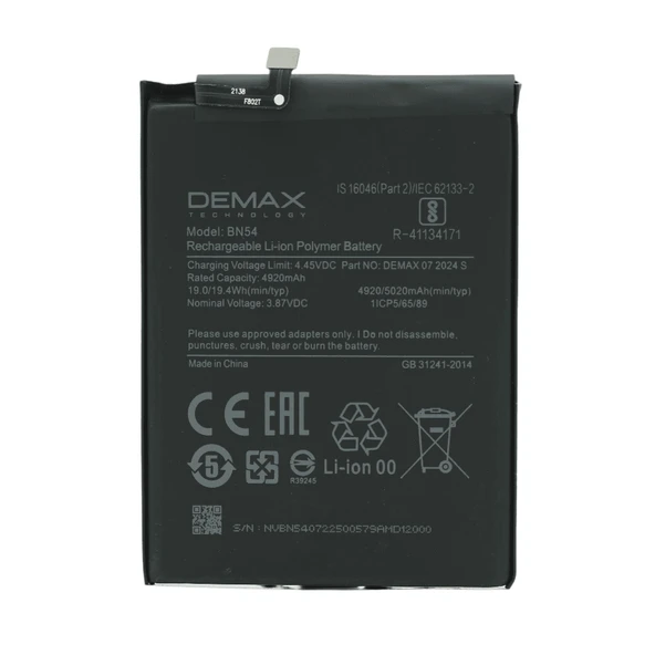 Demax Xiaomi Redmi 10X Güçlendirilmiş Batarya BN54 ürün görseli