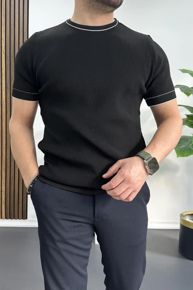 Erkek Bisiklet Yaka Triko Tişört Siyah Edw233 - Resim 2