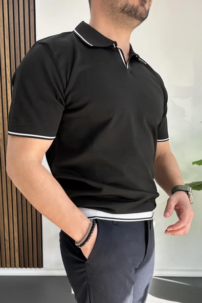 Erkek Açık Yaka Şerit Detaylı Tişört Siyah Edw235 - Resim 3