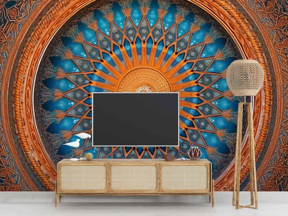 Turuncu Franktal Mandala Etnik Motif Duvar Kağıdı - Resim 3