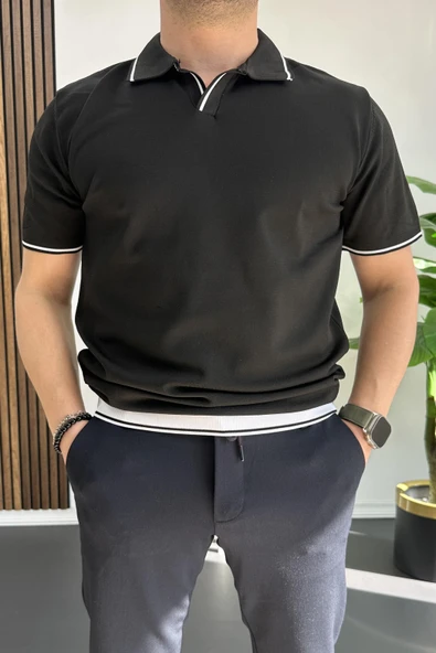 Erkek Açık Yaka Şerit Detaylı Tişört Siyah Edw235 ürün görseli