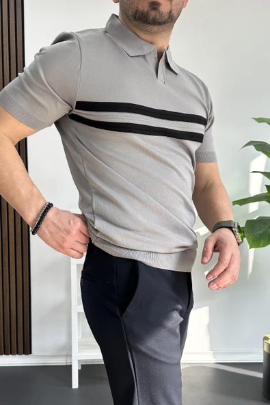 Erkek Açık Yaka Çizgli Tişört Gri Edw236 - Resim 3